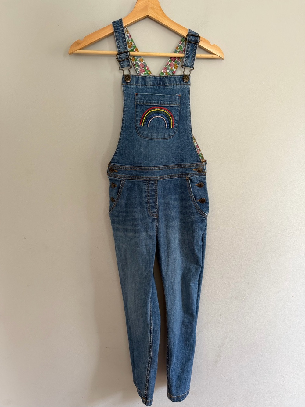 Mini Boden Girls Embroidered Rainbow Denim Overalls Size 8-9 Years